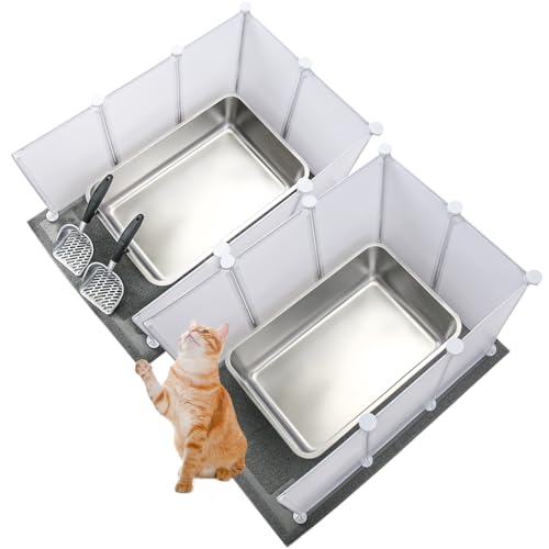 Essenhome Extra große Katzentoiletten aus Edelstahl für Katzen (61 x 40,6 x 15,2 cm) mit 2 Metall-Katzenstreuschaufeln, 16 Streu-Spritzschutz und 2 Katzenstreu-Matten, leicht zu reinigen, von Essenhome