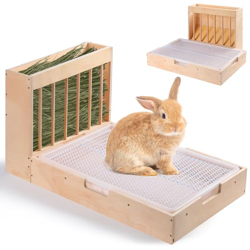 Essenhome Extra großes 2-in-1 Kaninchen-Heu-Futterstation & Katzentoiletten-Set, Holz, schmutzabweisend, für Meerschweinchen, Chinchillas, Hamster und Kaninchen von Essenhome