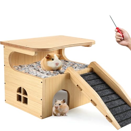 Essenhome Verbessertes verdicktes Brett aus Holz für Meerschweinchen, Schloss – geräumiges und langlebiges kleines Haustierhaus mit Treppe und Matte für Meerschweinchen, Chinchillas, Ratten, Hamster von Essenhome