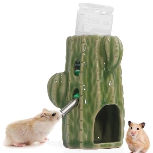 Esshogo 2-in-1 Verstellbare Hamster Trinkflasche, Hamster Wasserflasche Mit Ständer, 80 ml Meerschweinchen Trinkflasche Keramik Nest Kaktus Wasserkocher Trinker für syrische Zwerghamster (Grün) von Esshogo