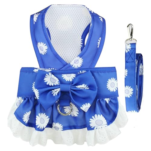 Esshogo Hund Kleider Geschirr und Leine Set Kostüm Blumenschleife florales Fliege, Mädchen, Welpenkleid, atmungsaktiv, niedlich, Prinzessin, Hundekleider, Frühling, Sommer, Haustier(Hellblau, XL) von Esshogo