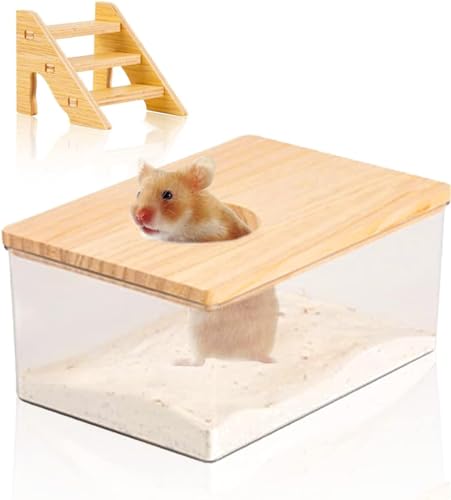 Esshogo Quadrat Hamster Badezimmer, Hamster Sandbad Hamster Zubehör mit Leiter, Transparenter Acryl Duschraum Hamster Badehaus für Hamster Mäuse Lemming Rennmäuse oder Andere Kleine Haustiere von Esshogo