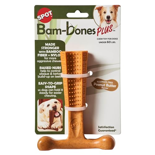 SPOT Bam-Bones Plus T-Knochen, Bambusfaser und Nylon, langlebig, für Aggressive Kauer, Spielzeug für Hunde und Welpen unter 27 kg, splitterfrei, 15,2 cm, allergenfrei, Erdnussbutter-Geschmack von SPOT