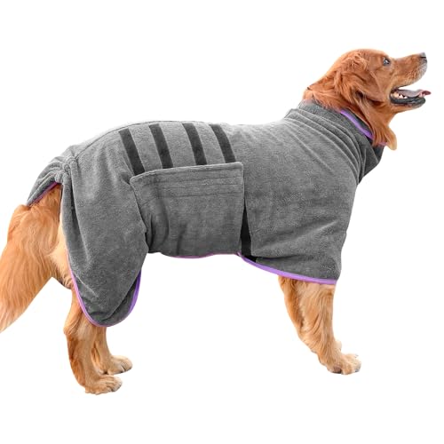 Euakee Hundebademantel, Dry Fast Dog Robes Mantel Super saugfähig, Verstellbarer Kragen & Bauchgurt Schnell trocknender Mantel Haustier Hund Katze Bademantel Handtuch, Grau (2XL) von Euakee