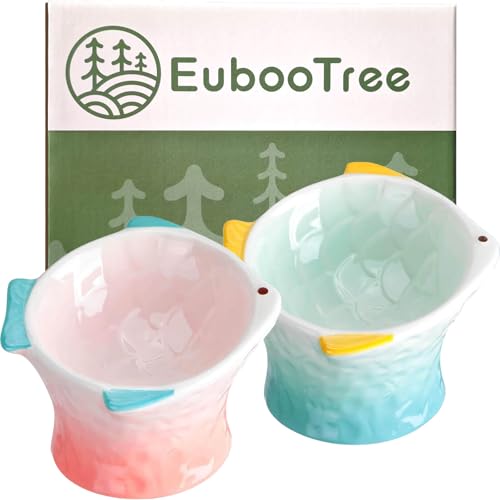 EubooTree Erhöhter Futternapf aus Keramik, 2 Stück, Anti-Erbrechen, flach geneigt, niedlicher Katzen-Futterspender für kleine Indoor-Katzen und Kätzchen (Grün, Rosa) von EubooTree