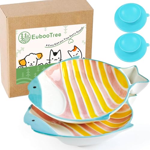 EubooTree Keramik-Katzenfutternapf-Set, flach, breit, flach, Schnurrhaarfreundlich, rutschfest, niedlicher Fisch-Katzennapf für Trocken- und Nassfutter, für Indoor-Katzen, Rosa/Gelb, 2 Stück von EubooTree