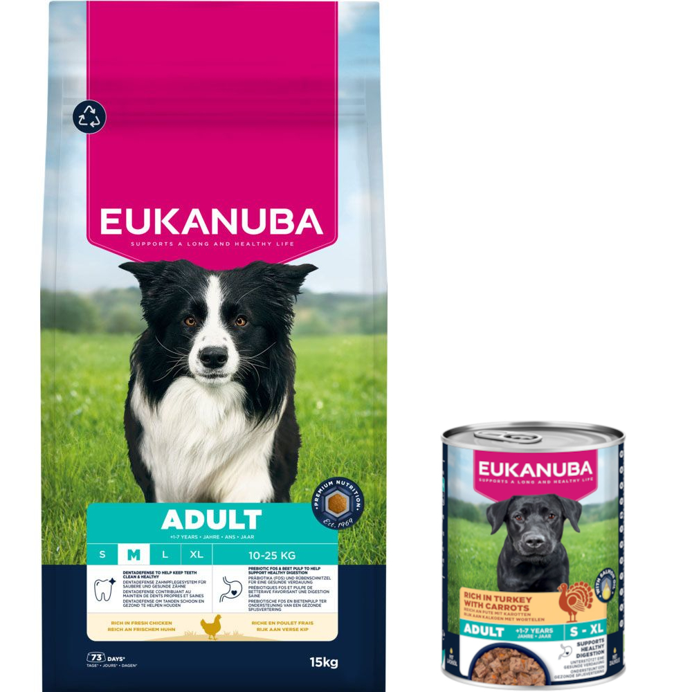 15 kg Eukanuba Premium Nutrition + 3 x 400 g passendes Nassfutter gratis! - 15 kg Adult Medium Breed Huhn + 3 x 400 g Adult Pute mit Karotten 15 kg Eukanuba Premium Nutrition + 3 x 400 g passendes Nassfutter gratis! - 15 kg Adult Medium Breed Huhn + 3 x 400 g Adult Pute mit Karotten von Eukanuba