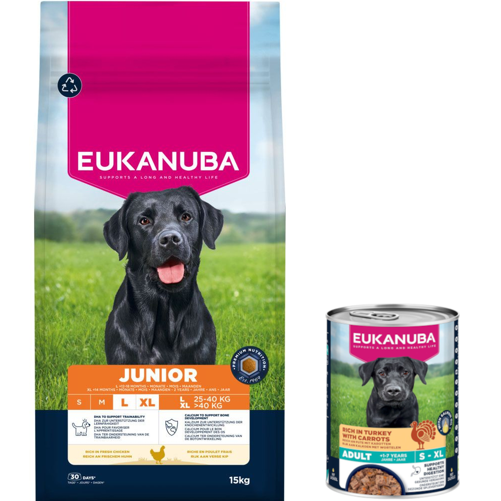 15 kg Eukanuba Premium Nutrition + 3 x 400 g passendes Nassfutter gratis! - 15 kg Junior Large & Giant Breed Huhn + 3 x 400 g Adult Pute mit Karotten 15 kg Eukanuba Premium Nutrition + 3 x 400 g passendes Nassfutter gratis! - 15 kg Junior Large & Giant Breed Huhn + 3 x 400 g Adult Pute mit Karotten von Eukanuba