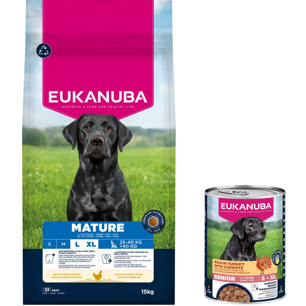 15 kg Eukanuba Premium Nutrition + 3 x 400 g passendes Nassfutter gratis! - 15 kg Mature Large & Giant Breed Huhn + 3 x 400 g Senior Pute mit Karotten 15 kg Eukanuba Premium Nutrition + 3 x 400 g passendes Nassfutter gratis! - 15 kg Mature Large & Giant Breed Huhn + 3 x 400 g Senior Pute mit Karotten von Eukanuba