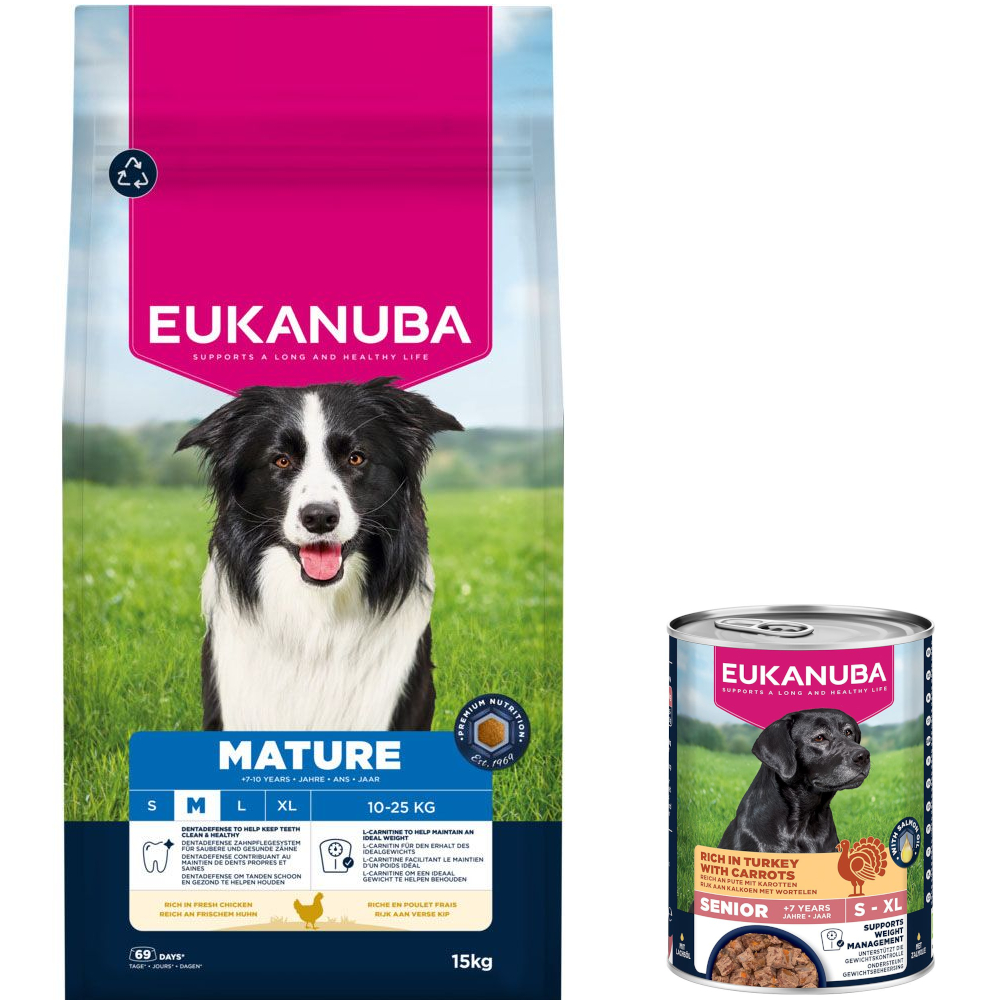 15 kg Eukanuba Premium Nutrition + 3 x 400 g passendes Nassfutter gratis! - 15 kg Mature Medium Breed Huhn + 3 x 400 g Senior Pute mit Karotten 15 kg Eukanuba Premium Nutrition + 3 x 400 g passendes Nassfutter gratis! - 15 kg Mature Medium Breed Huhn + 3 x 400 g Senior Pute mit Karotten von Eukanuba