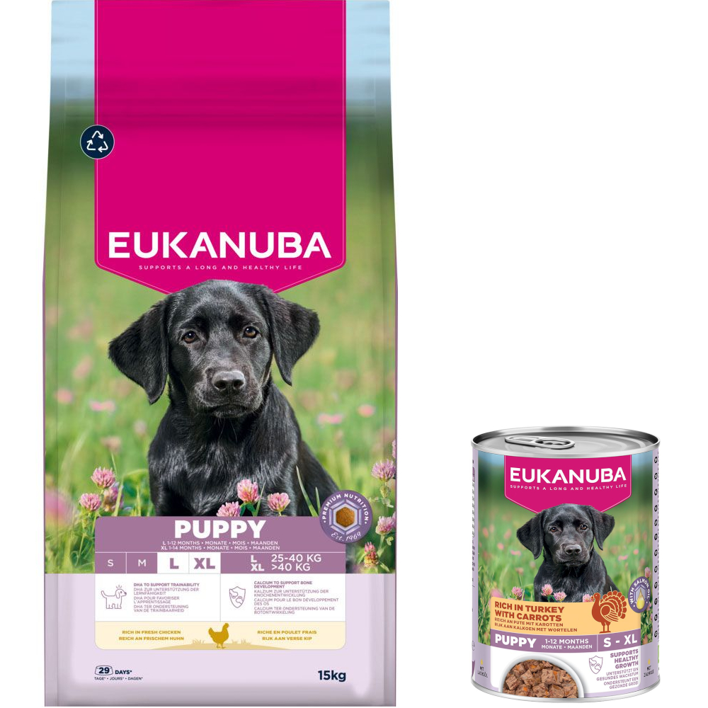 15 kg Eukanuba Premium Nutrition + 3 x 400 g passendes Nassfutter gratis! - 15 kg Puppy Large & Giant Breed Huhn + 3 x 400 g Puppy Pute mit Karotten 15 kg Eukanuba Premium Nutrition + 3 x 400 g passendes Nassfutter gratis! - 15 kg Puppy Large & Giant Breed Huhn + 3 x 400 g Puppy Pute mit Karotten von Eukanuba