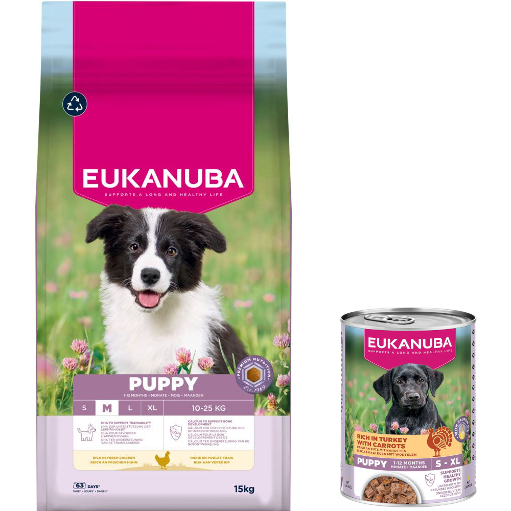 15 kg Eukanuba Premium Nutrition + 3 x 400 g passendes Nassfutter gratis! - 15 kg Puppy Medium Breed Huhn + 3 x 400 g Puppy Pute mit Karotten 15 kg Eukanuba Premium Nutrition + 3 x 400 g passendes Nassfutter gratis! - 15 kg Puppy Medium Breed Huhn + 3 x 400 g Puppy Pute mit Karotten von Eukanuba