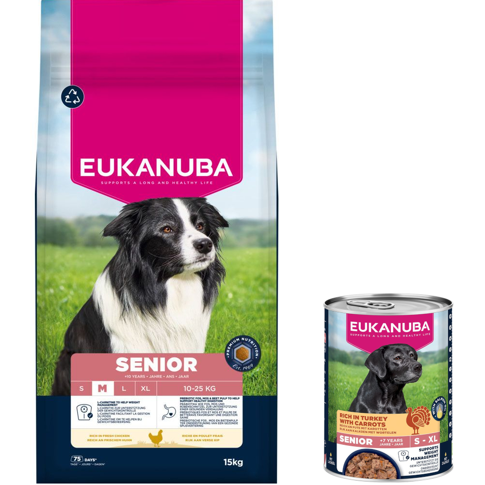 15 kg Eukanuba Premium Nutrition + 3 x 400 g passendes Nassfutter gratis! - 15 kg Senior Medium Breed Huhn + 3 x 400 g Senior Pute mit Karotten 15 kg Eukanuba Premium Nutrition + 3 x 400 g passendes Nassfutter gratis! - 15 kg Senior Medium Breed Huhn + 3 x 400 g Senior Pute mit Karotten von Eukanuba