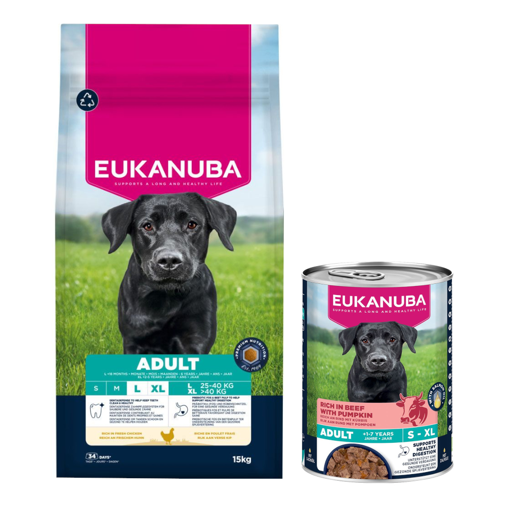 15 kg Eukanuba Premium Nutrition + 3 x 400 g passendes Nassfutter gratis! - Adult Large & Giant Breed Huhn + Adult Reich an Rind mit Kürbis 15 kg Eukanuba Premium Nutrition + 3 x 400 g passendes Nassfutter gratis! - Adult Large & Giant Breed Huhn + Adult Reich an Rind mit Kürbis von Eukanuba