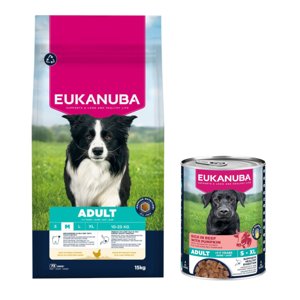 15 kg Eukanuba Premium Nutrition + 3 x 400 g passendes Nassfutter gratis! - Adult Medium Breed Huhn + Adult Reich an Rind mit Kürbis 15 kg Eukanuba Premium Nutrition + 3 x 400 g passendes Nassfutter gratis! - Adult Medium Breed Huhn + Adult Reich an Rind mit Kürbis von Eukanuba
