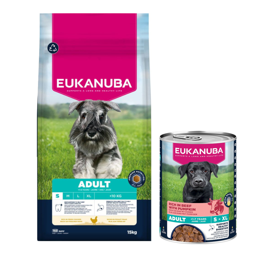 15 kg Eukanuba Premium Nutrition + 3 x 400 g passendes Nassfutter gratis! - Adult Small Breed Huhn + Adult Reich an Rind mit Kürbis 15 kg Eukanuba Premium Nutrition + 3 x 400 g passendes Nassfutter gratis! - Adult Small Breed Huhn + Adult Reich an Rind mit Kürbis von Eukanuba