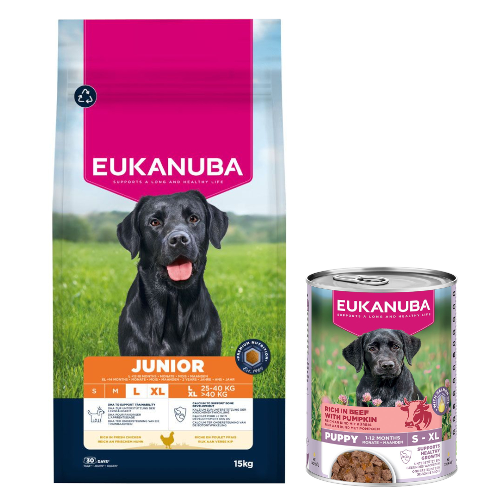 15 kg Eukanuba Premium Nutrition + 3 x 400 g passendes Nassfutter gratis! - Junior Large & Giant Breed Huhn + Adult Reich an Rind mit Kürbis 15 kg Eukanuba Premium Nutrition + 3 x 400 g passendes Nassfutter gratis! - Junior Large & Giant Breed Huhn + Adult Reich an Rind mit Kürbis von Eukanuba