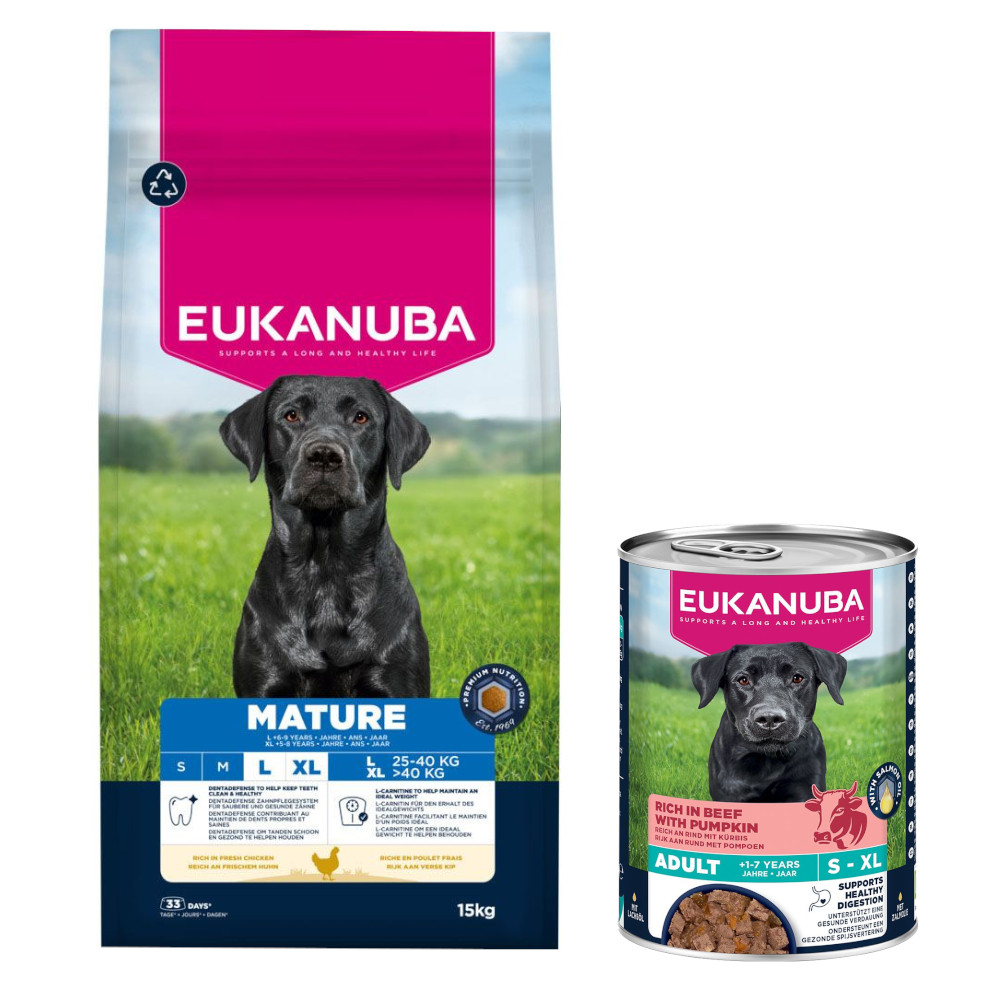 15 kg Eukanuba Premium Nutrition + 3 x 400 g passendes Nassfutter gratis! - Mature Large & Giant Breed Huhn + Senior Reich an Rind mit Kürbis 15 kg Eukanuba Premium Nutrition + 3 x 400 g passendes Nassfutter gratis! - Mature Large & Giant Breed Huhn + Senior Reich an Rind mit Kürbis von Eukanuba