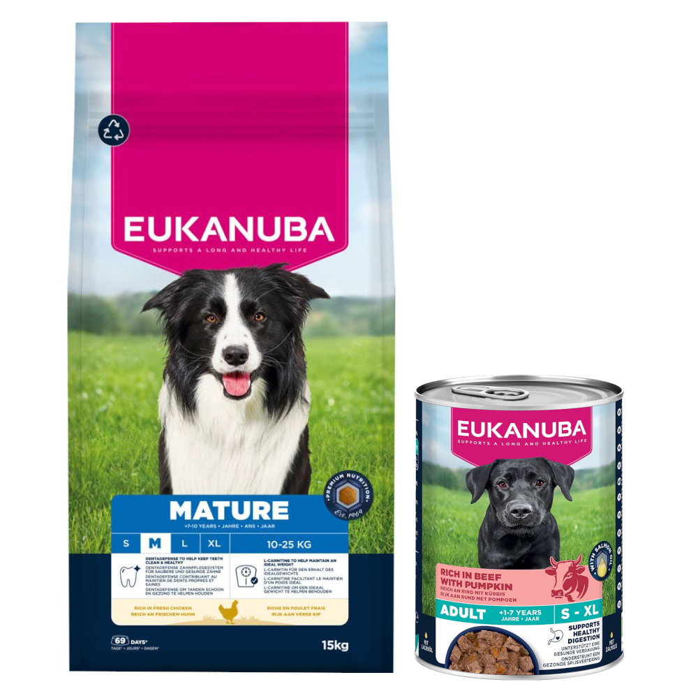 15 kg Eukanuba Premium Nutrition + 3 x 400 g passendes Nassfutter gratis! - Mature Medium Breed Huhn + Senior Reich an Rind mit Kürbis 15 kg Eukanuba Premium Nutrition + 3 x 400 g passendes Nassfutter gratis! - Mature Medium Breed Huhn + Senior Reich an Rind mit Kürbis von Eukanuba