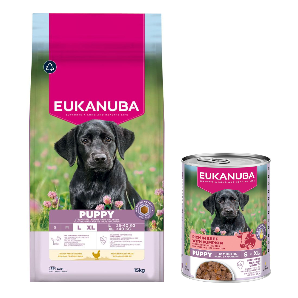 15 kg Eukanuba Premium Nutrition + 3 x 400 g passendes Nassfutter gratis! - Puppy Large & Giant Breed Huhn + Puppy Reich an Rind mit Kürbis 15 kg Eukanuba Premium Nutrition + 3 x 400 g passendes Nassfutter gratis! - Puppy Large & Giant Breed Huhn + Puppy Reich an Rind mit Kürbis von Eukanuba