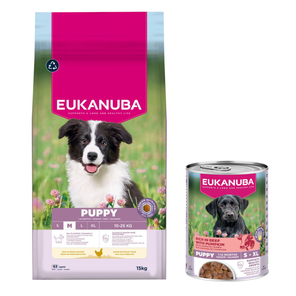 15 kg Eukanuba Premium Nutrition + 3 x 400 g passendes Nassfutter gratis! - Puppy Medium Breed Huhn + Reich an Rind mit Kürbis 15 kg Eukanuba Premium Nutrition + 3 x 400 g passendes Nassfutter gratis! - Puppy Medium Breed Huhn + Reich an Rind mit Kürbis von Eukanuba