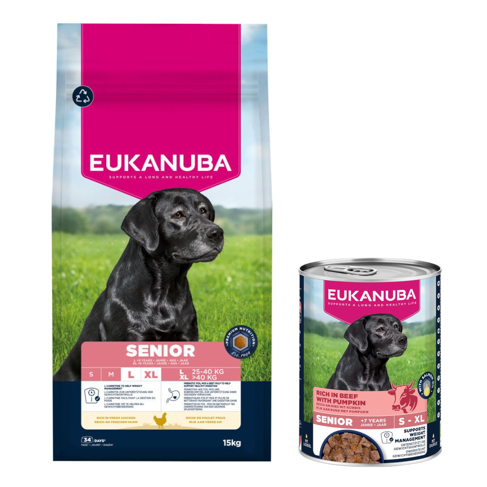 15 kg Eukanuba Premium Nutrition + 3 x 400 g passendes Nassfutter gratis! - Senior Large & Giant Breed Huhn + Senior Reich an Rind mit Kürbis 15 kg Eukanuba Premium Nutrition + 3 x 400 g passendes Nassfutter gratis! - Senior Large & Giant Breed Huhn + Senior Reich an Rind mit Kürbis von Eukanuba
