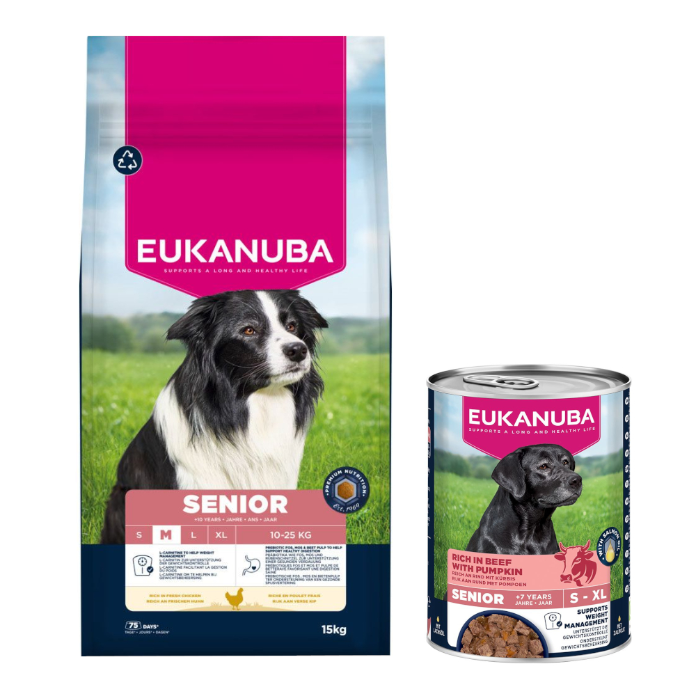 15 kg Eukanuba Premium Nutrition + 3 x 400 g passendes Nassfutter gratis! - Senior Medium Breed Huhn + Senior Reich an Rind mit Kürbis 15 kg Eukanuba Premium Nutrition + 3 x 400 g passendes Nassfutter gratis! - Senior Medium Breed Huhn + Senior Reich an Rind mit Kürbis von Eukanuba