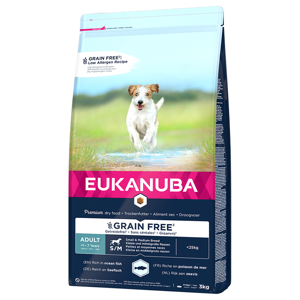 3 kg / 12 kg Eukanuba Grain Free zum Sonderpreis! - 3 kg Adult Small / Medium Breed mit Seefisch von Eukanuba