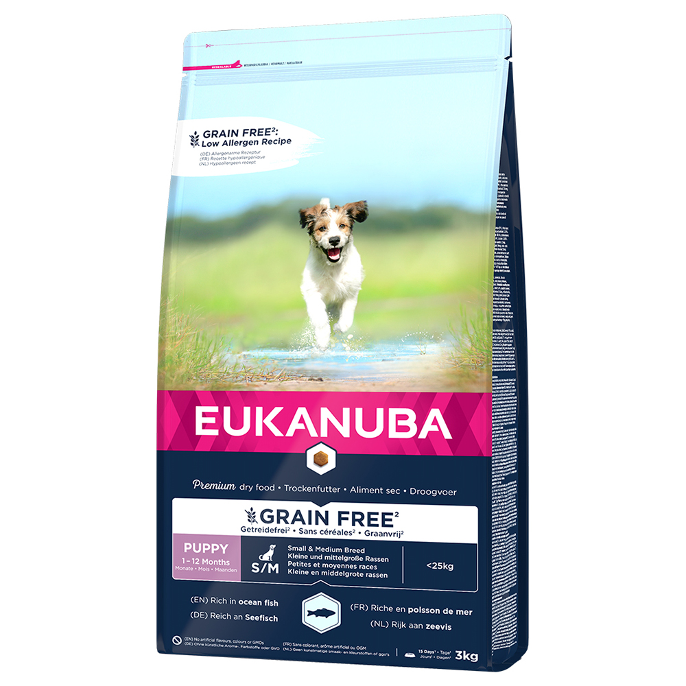 3 kg / 12 kg Eukanuba Grain Free zum Sonderpreis! - 3 kg Puppy Small / Medium Breed mit Lachs von Eukanuba