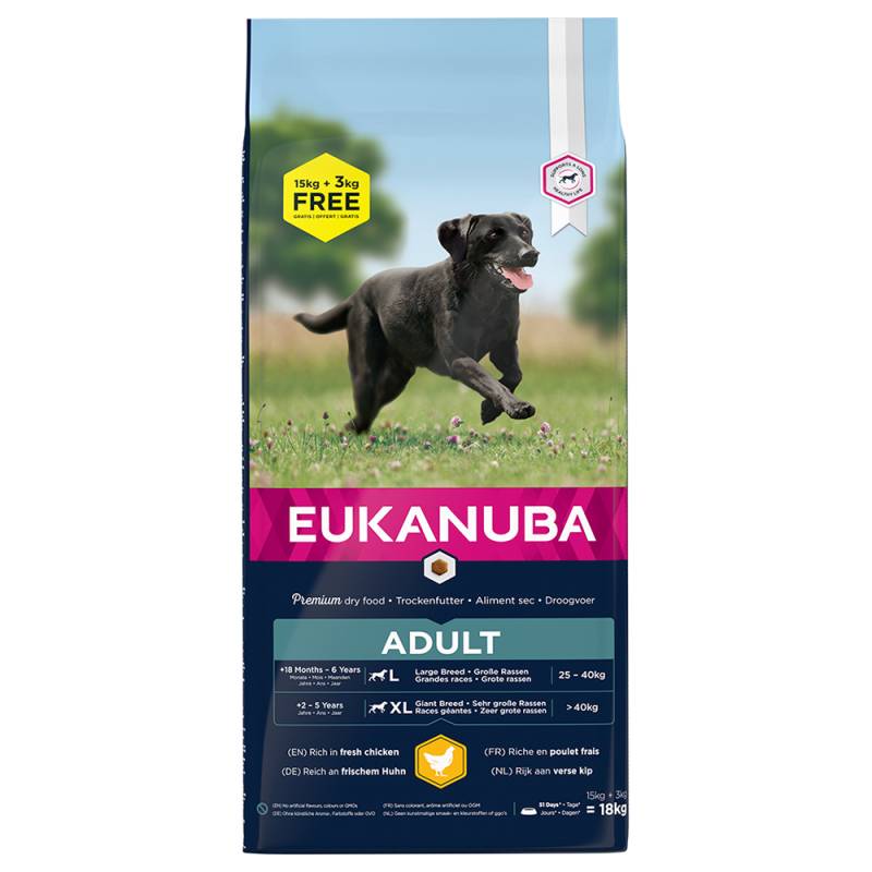 3 kg gratis! 18 kg Eukanuba Breed Huhn - Adult Large von Eukanuba