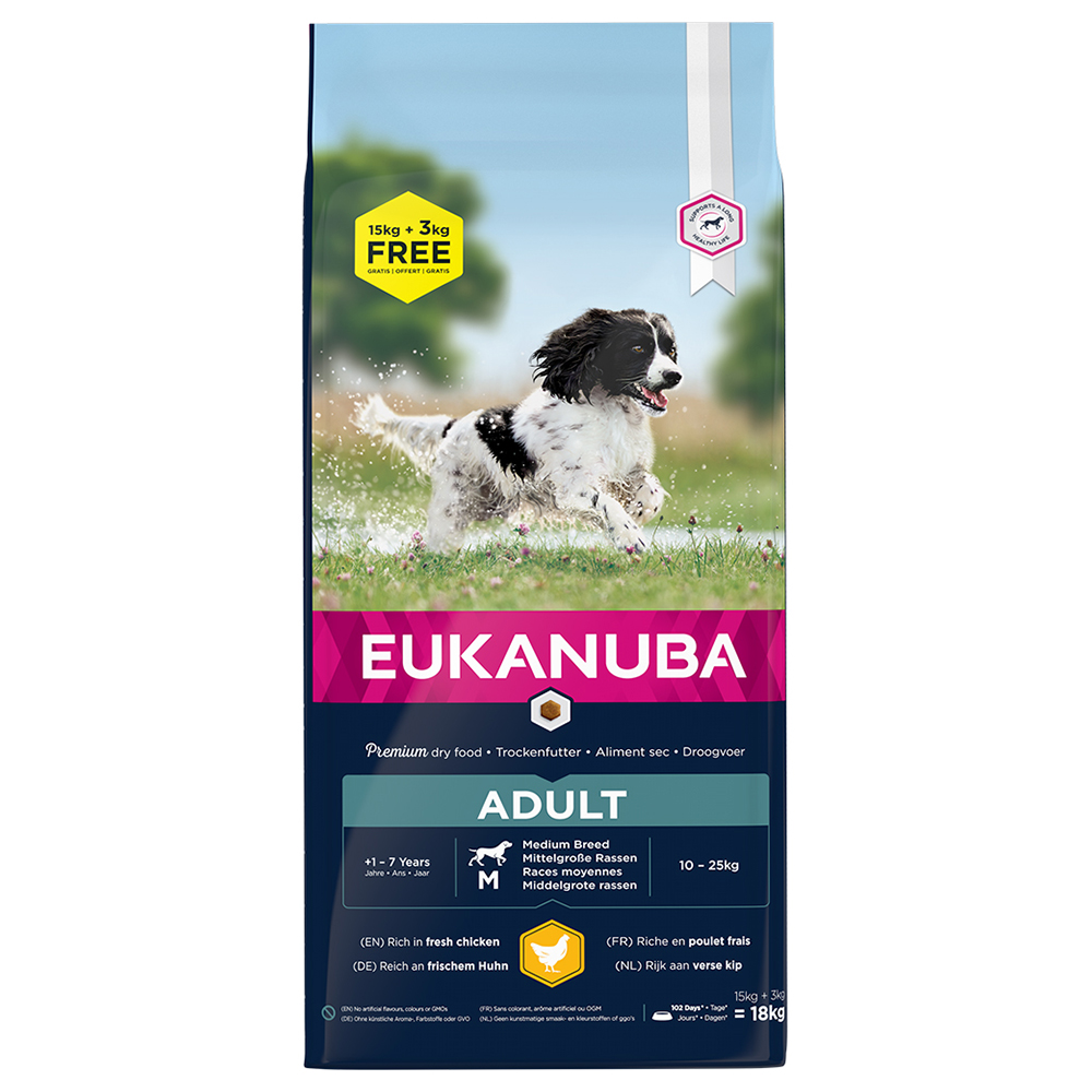 3 kg gratis! 18 kg Eukanuba - Adult Medium Breed Huhn von Eukanuba