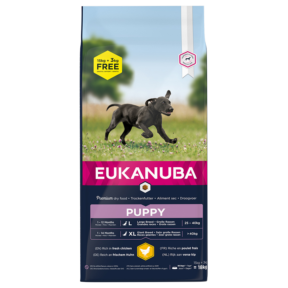 3 kg gratis! 18 kg Eukanuba Breed Huhn - Puppy Large von Eukanuba