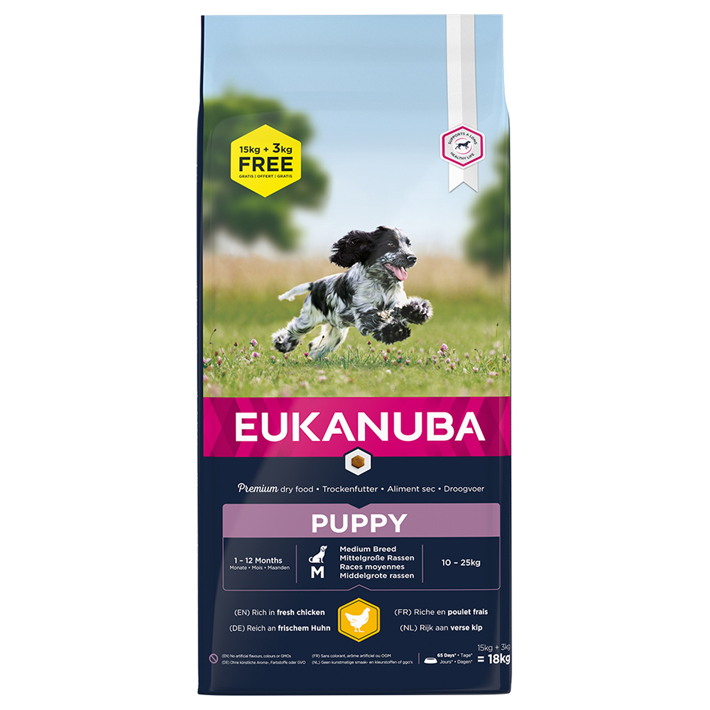 3 kg gratis! 18 kg Eukanuba Breed Huhn - Puppy Medium von Eukanuba