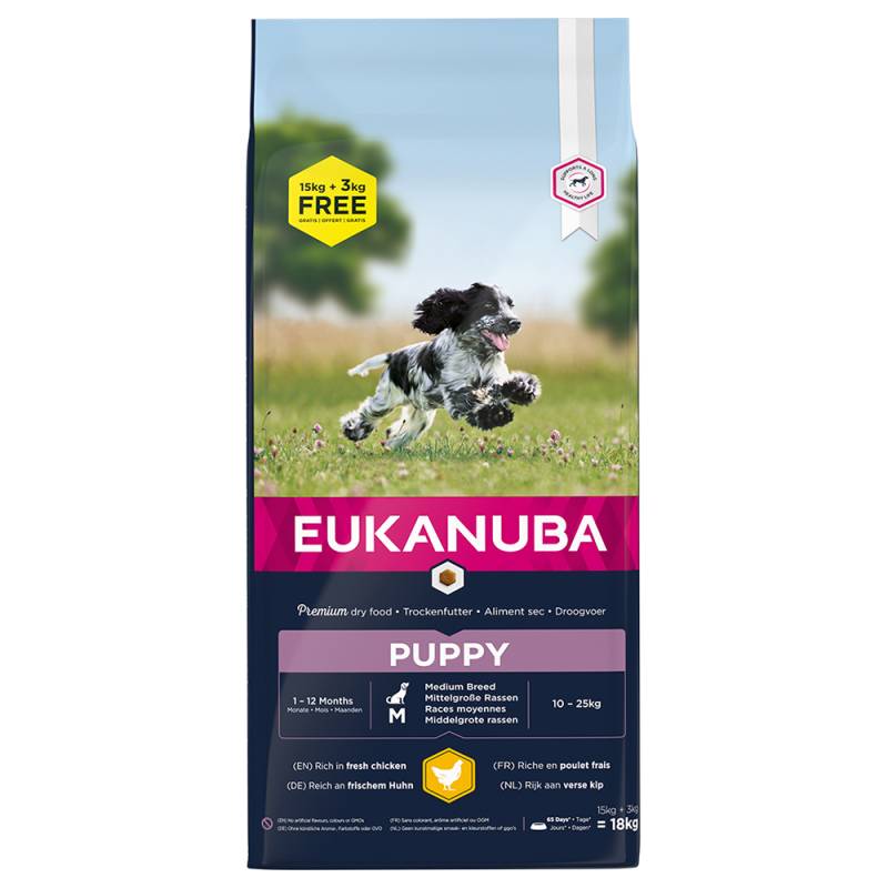 3 kg gratis! 18 kg Eukanuba Breed Huhn - Puppy Medium von Eukanuba