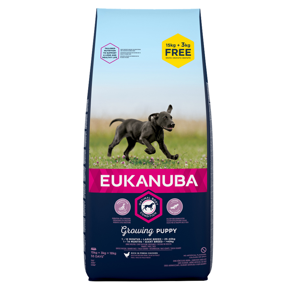 3 kg gratis! 18 kg Eukanuba - Puppy Large Breed Huhn von Eukanuba