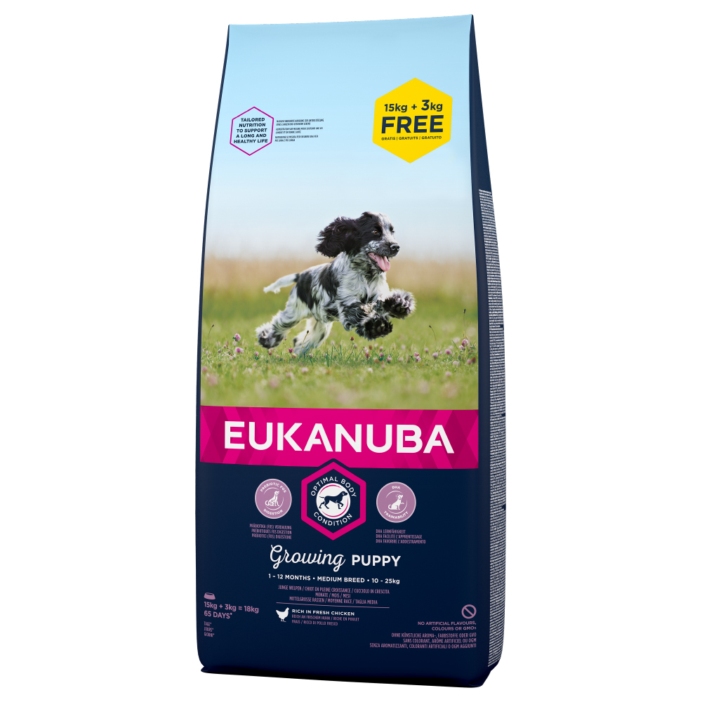 3 kg gratis! 18 kg Eukanuba - Puppy Medium Breed Huhn von Eukanuba