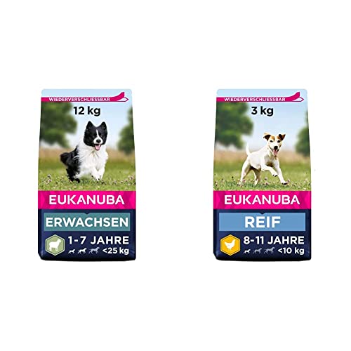 Eukanuba Hundefutter mit Lamm & Reis für kleine und mittelgroße Rassen - Trockenfutter für ausgewachsene Hunde, 12 kg & Hundefutter mit frischem Huhn für kleine Rassen, für reife Hunde, 3 kg von Eukanuba