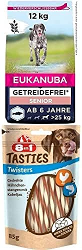 Eukanuba Senior Hundefutter getreidefrei mit Fisch für große Rassen, 12 kg + 8in1 Tasties Twisters Snack-Stangen - glutenfreie Leckerlis mit Kabeljau & Hähnchenbrust, 85 g von Eukanuba