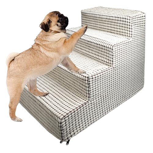 Eunice Hundetreppe für kleine Hunde, tragbare Hundetreppe für hohe Betten und Couch, hochdichter Schaumstoff, Haustiertreppe mit rutschfester Unterseite, 4 Stufen, Beige von Eunice