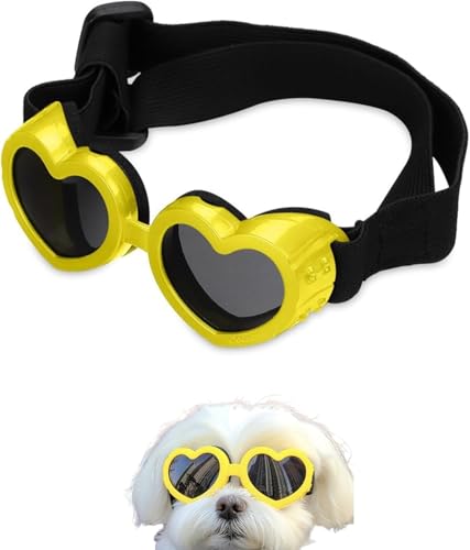 Dog Sunglasses,Dog Heart Shaped Goggles Wind-Resistant, Adjustable Pet Goggles UV Protection Puppy Heart Shape Anti-Fog Sunglasses for Small to Medium Dog (Yellow) von Eunmsi