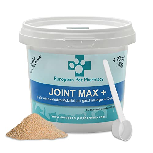 European Pet Pharmacy Joint Max+ Joint Care für Hunde — Nahrungsergänzungsmittel Hund & Katze – Nährstoffreiche Formel mit Grünlippmuschel Hund – Jedes Alter – 140 g Glucosamin Chondroitin Pulver von European Pet Pharmacy