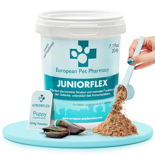 European Pet Pharmacy JUNIORFLEX 204 g Grünlippmuschelpulver für Hunde & Welpen - Nahrungsergänzungsmittel Hund und Katze mit Glucosamin Chondroitin und Vitamin C - Gelenkskomplex 4-18 Monate von European Pet Pharmacy