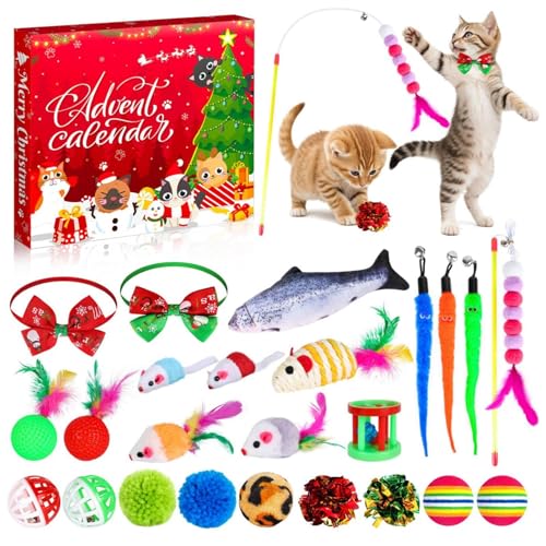 Euyehn 2024 Katzen-Adventskalender, Weihnachts-Countdown-Kalender für Kätzchen-Spielzeug, 24 Katzenfeder-Teaser und Kugelglocken, 24 , Weihnachts-Countdown-Geschenke für Kätzchen für von Euyehn