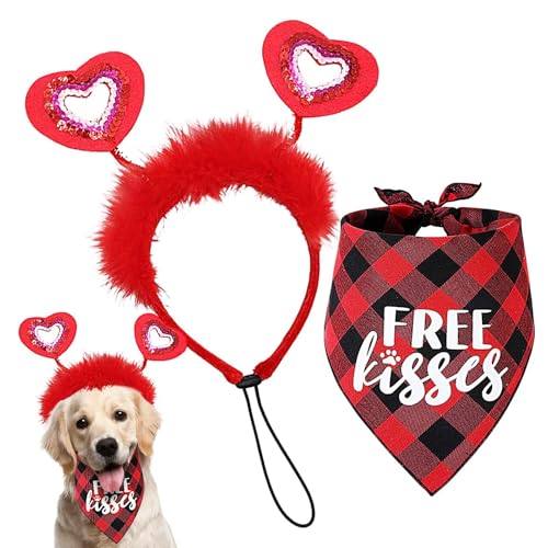 Euyehn Valentinstag Herz Stirnband Hund,Valentinstag Stirnband Hund, Rotes Herz-Stirnband-Kostüm-Set, Entzückende Hundebekleidungs-Outfits mit Bandanas für mittelgroße bis große Hunderassen von Euyehn