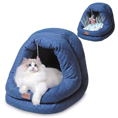 EvcgoX Katzenbett Höhle,Hundebett mit Warmer und kühler Matte Hundebetten für kleine Hunde und Katzen-40 * 40 * 40cm waschbare Katzenkorb,rutschfeste Hundezelt Blau von EvcgoX