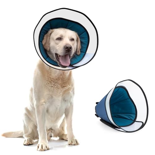 EvcgoX Halskrause Hund für Extra Große Hunde Leckschutz Hundekragen nach der Operation 360°Vision Weich Halskrause Hund mit PVC Schutzhülle Blau XL(40.5-53CM) von EvcgoX