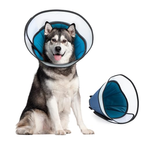 EvcgoX Halskrause Hund für Mittelgroße Hunde Leckschutz Hundekragen nach der Operation 360° Vision Weich Halskrause Hund mit PVC Schutzhülle Blau ML(25.5-35.5CM) von EvcgoX