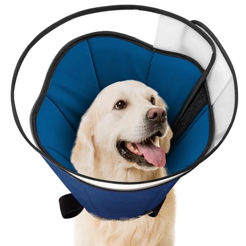 EvcgoX Halskrause Hund für Große Hunde Leckschutz Hundekragen nach der Operation 360° Vision Weich Halskrause Hund mit PVC Schutzhülle Blau L(33-43CM) von EvcgoX