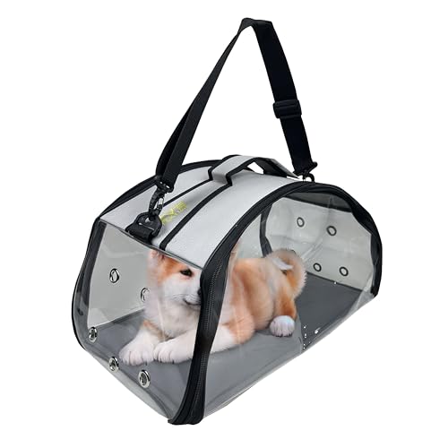 EVE Textile Hunde Tragetasche | Katzen Tragetasche | Hundetasche | Katzentasche | Hunde Umhängetasche | Katzen Umhängetasche | Atmungsaktive Tasche | Transparente Handtasche | 47x30x30 cm (Hellgrau) von Eve Textile GmbH