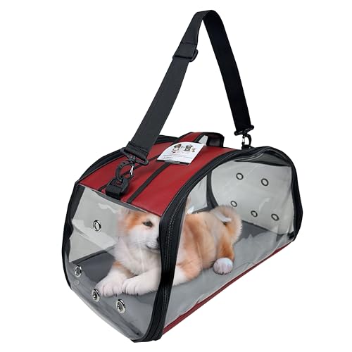 EVE Textile Hunde Tragetasche | Katzen Tragetasche | Hundetasche | Katzentasche | Hunde Umhängetasche | Katzen Umhängetasche | Atmungsaktive Tasche | Transparente Handtasche | 47x30x30 cm (Rot) von Eve Textile GmbH